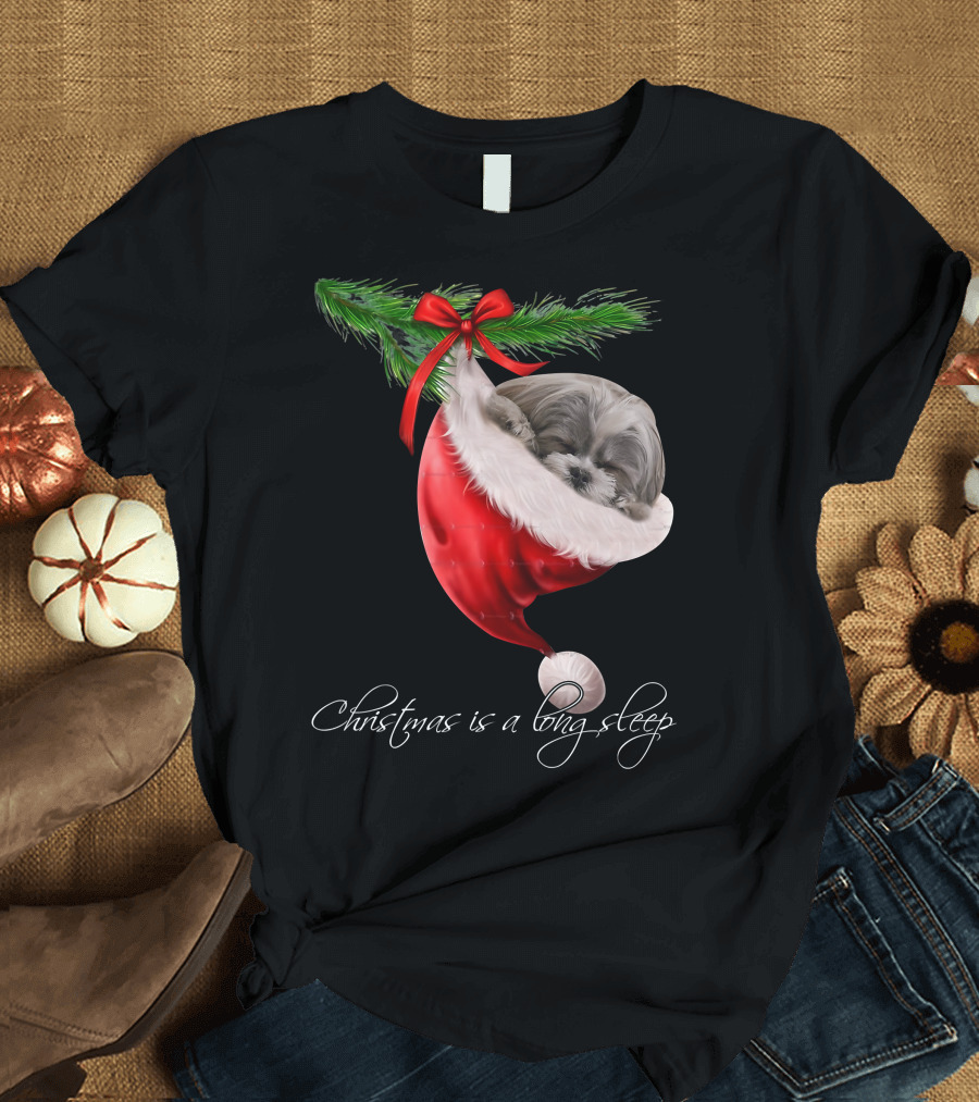 Shih Tzu Sleeping in Santa's Hat Christmas is a Snuggly Dream T-Shirt