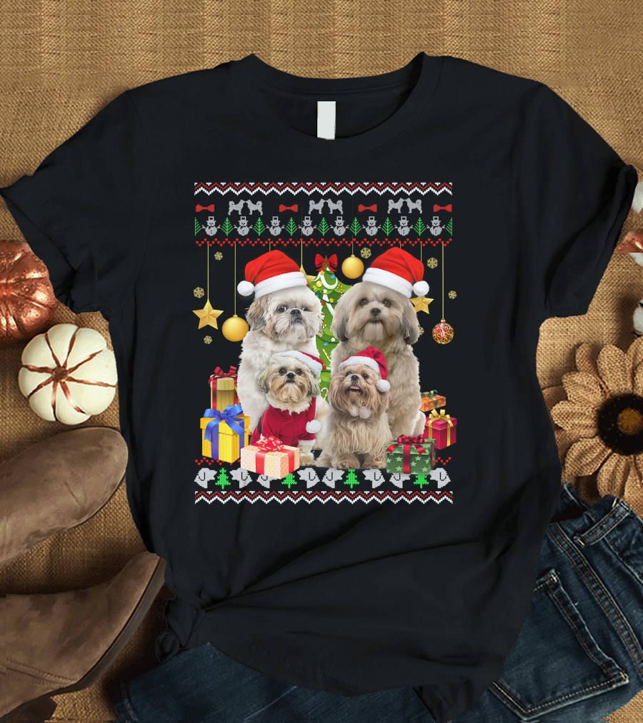 Shih Tzu Santa Hat Christmas Sweater Puppies and Presents T-Shirt