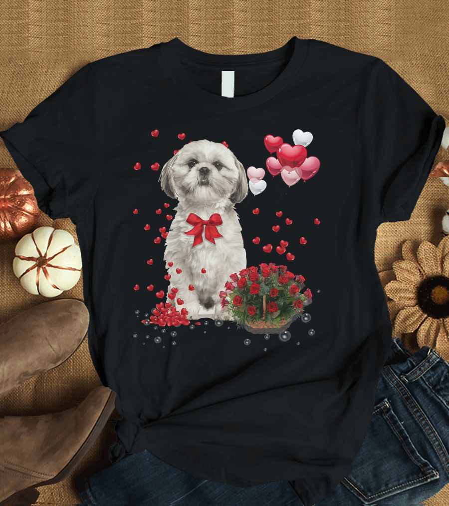 Shih Tzu Valentines Day Funny Dog Lover Happy Vale Roses Hearts Balloons T-Shirt
