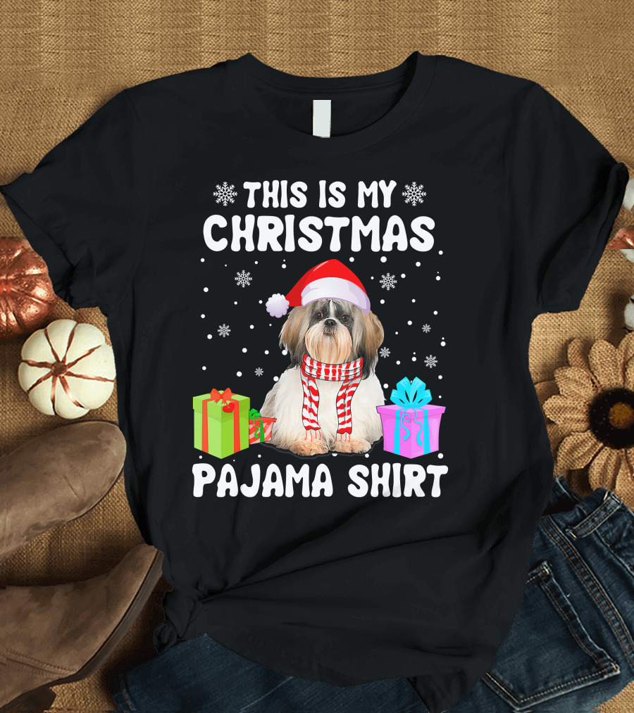 This Is My Christmas Shih Tzu Dog Pajama Puppy Love Santa Hat Presents T-Shirt
