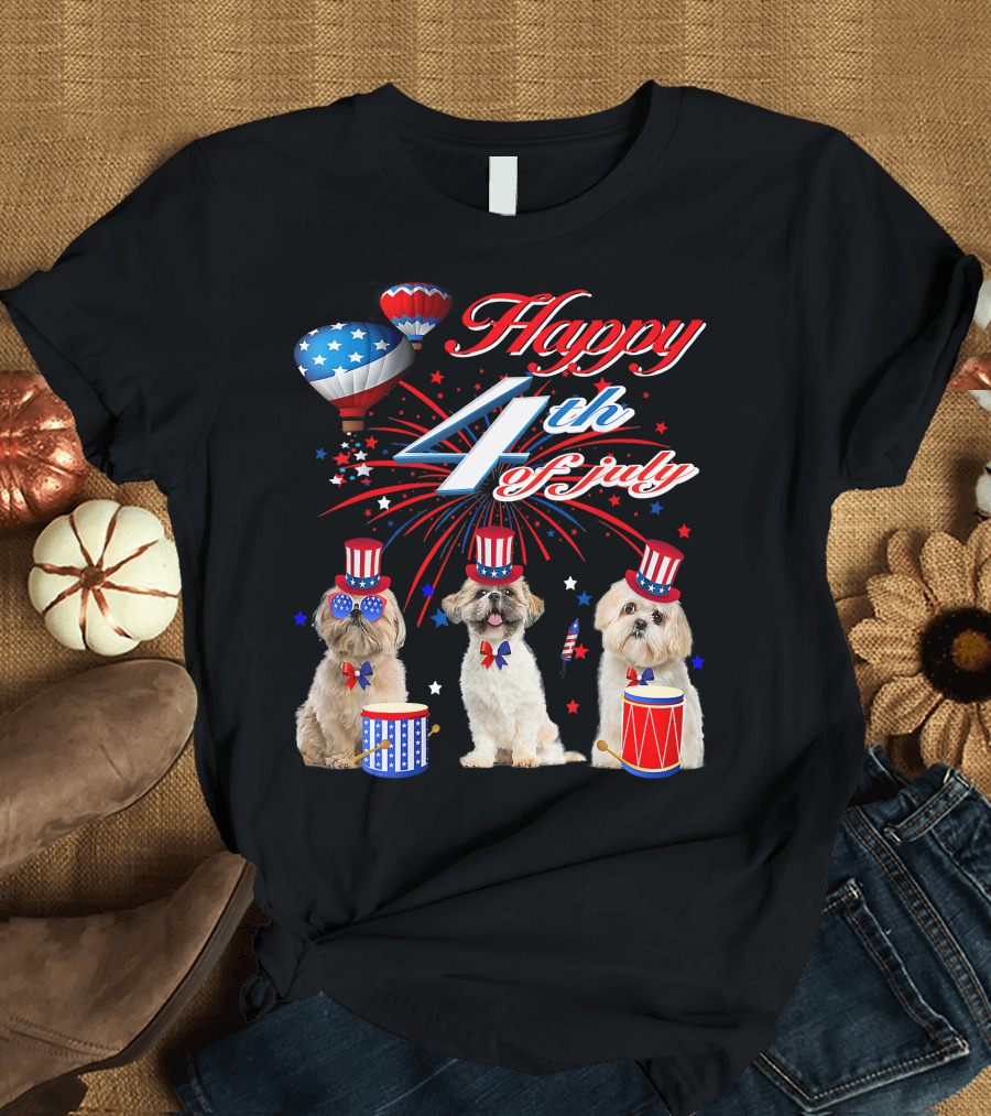 Happy 4th of July Three Shih Tzu with American Flag Drums and Hats T-Shirt
