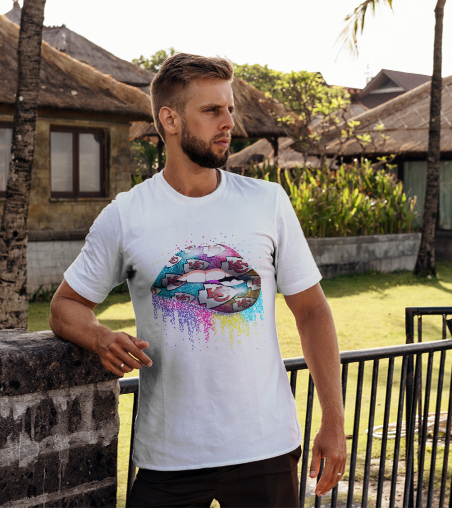 Kansas City Chiefs Glittery Lip Burst With Kc Logos And Sparkling Colors T-Shirt