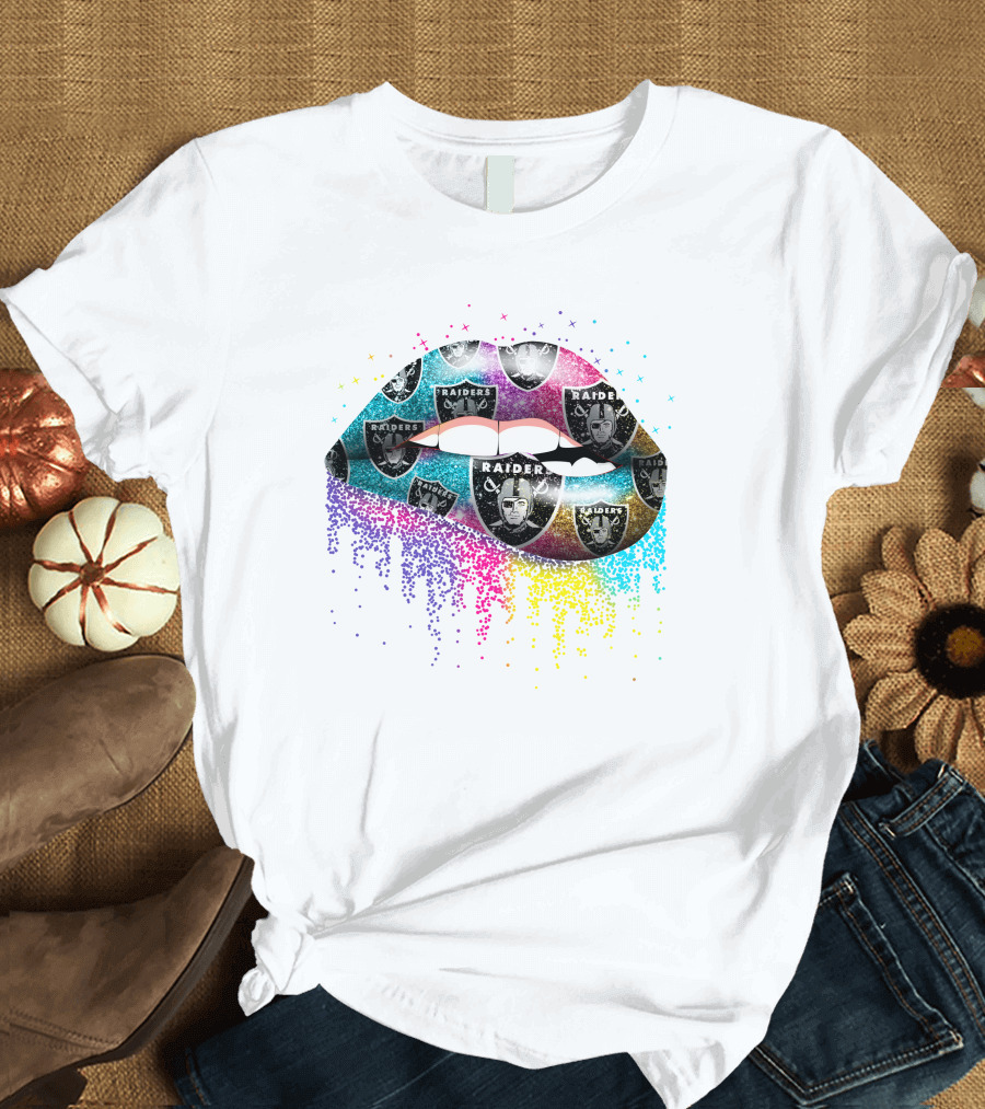 Lips with Colorful Glitter and Raiders Logo T-Shirt