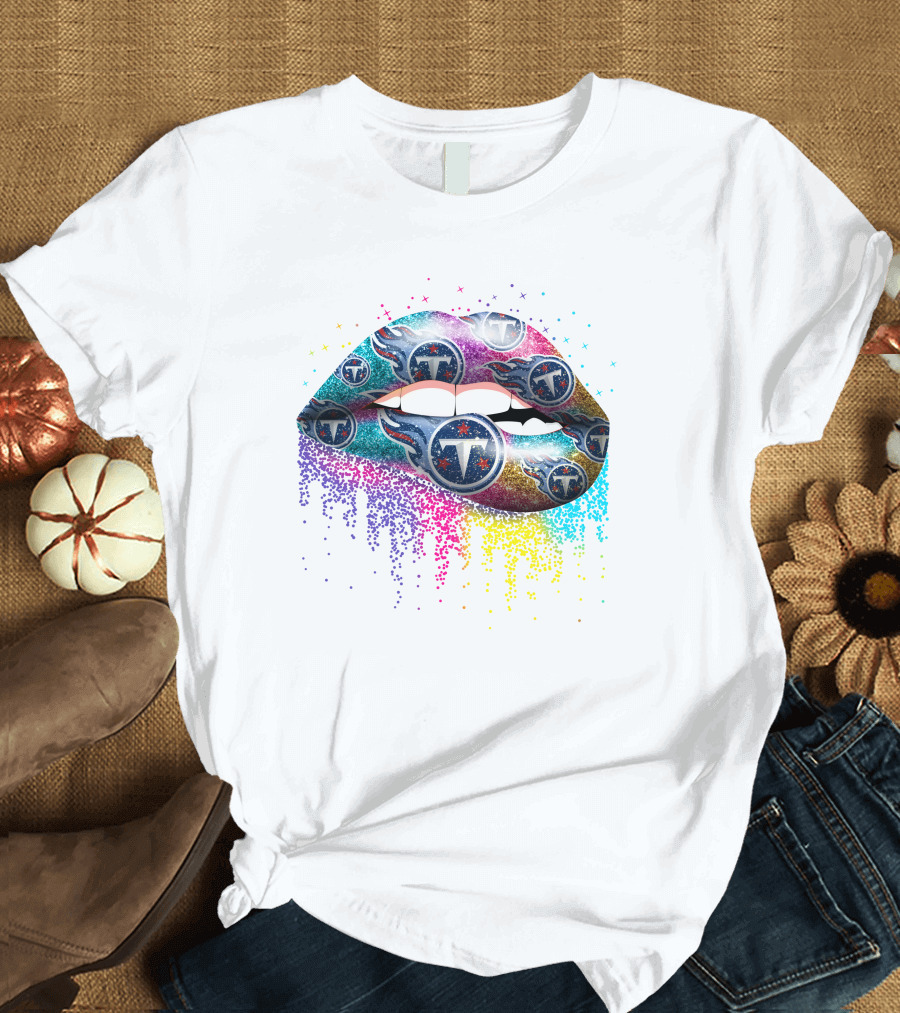 Lips with Glittering Tennessee Titans Logos and Stars T-Shirt