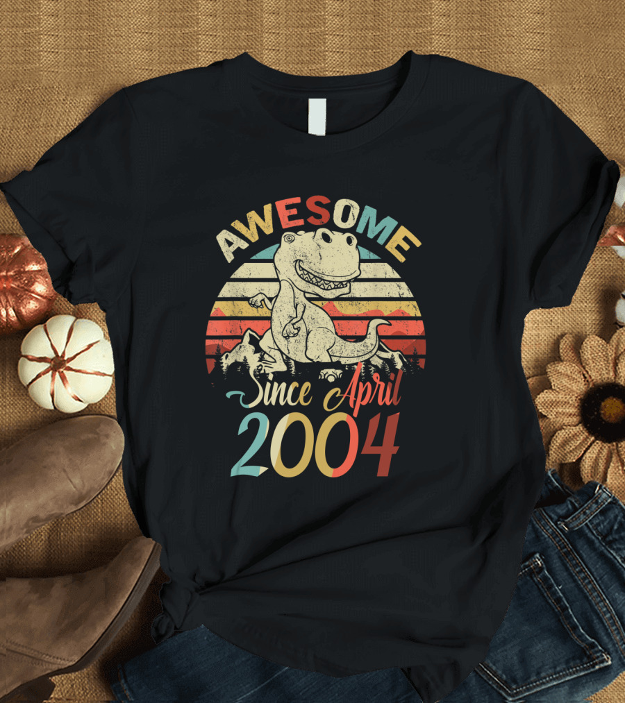 Awesome Since April 2004 Vintage Dinosaur Retro Stripes T-Shirt