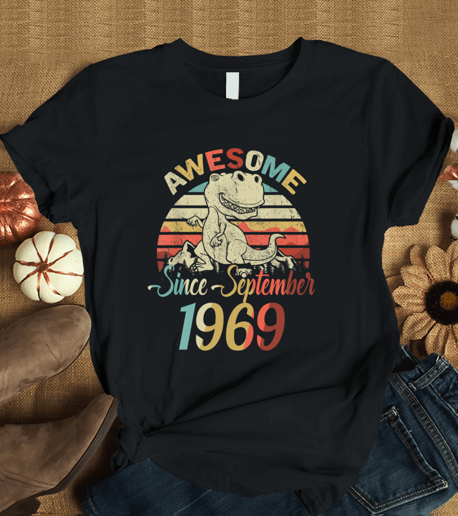 Awesome Dinosaur Since September 1969 Vintage Stripes T-Shirt