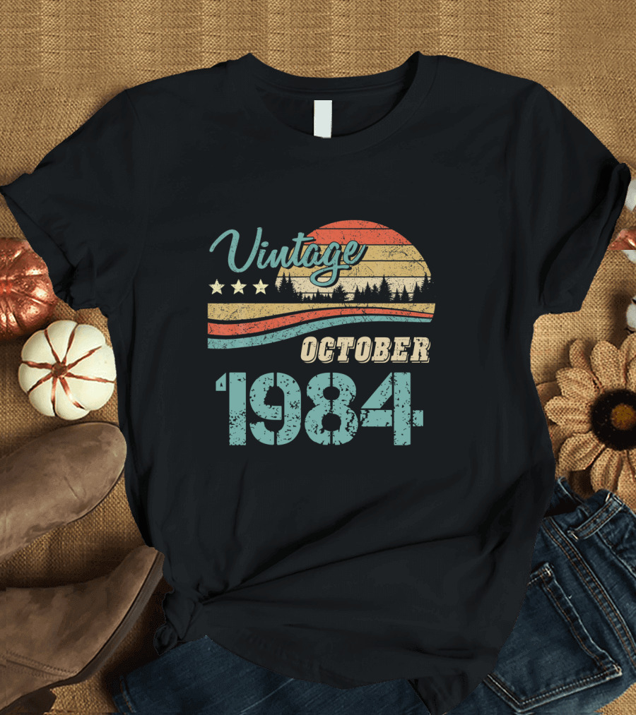 Vintage October 1984 Retro Sunset Forest Stars T-Shirt