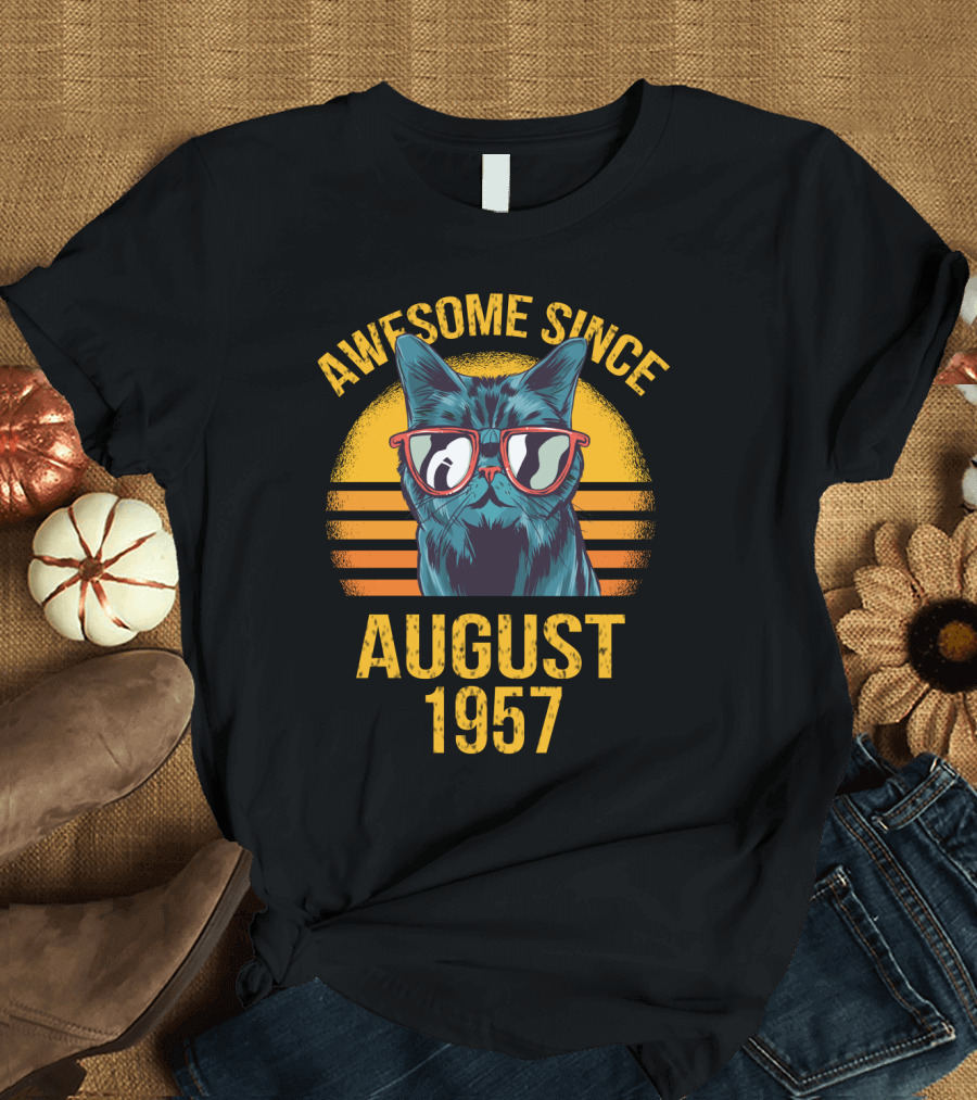 Awesome Cat August 1957 Sunglasses Vintage Sunset T-Shirt