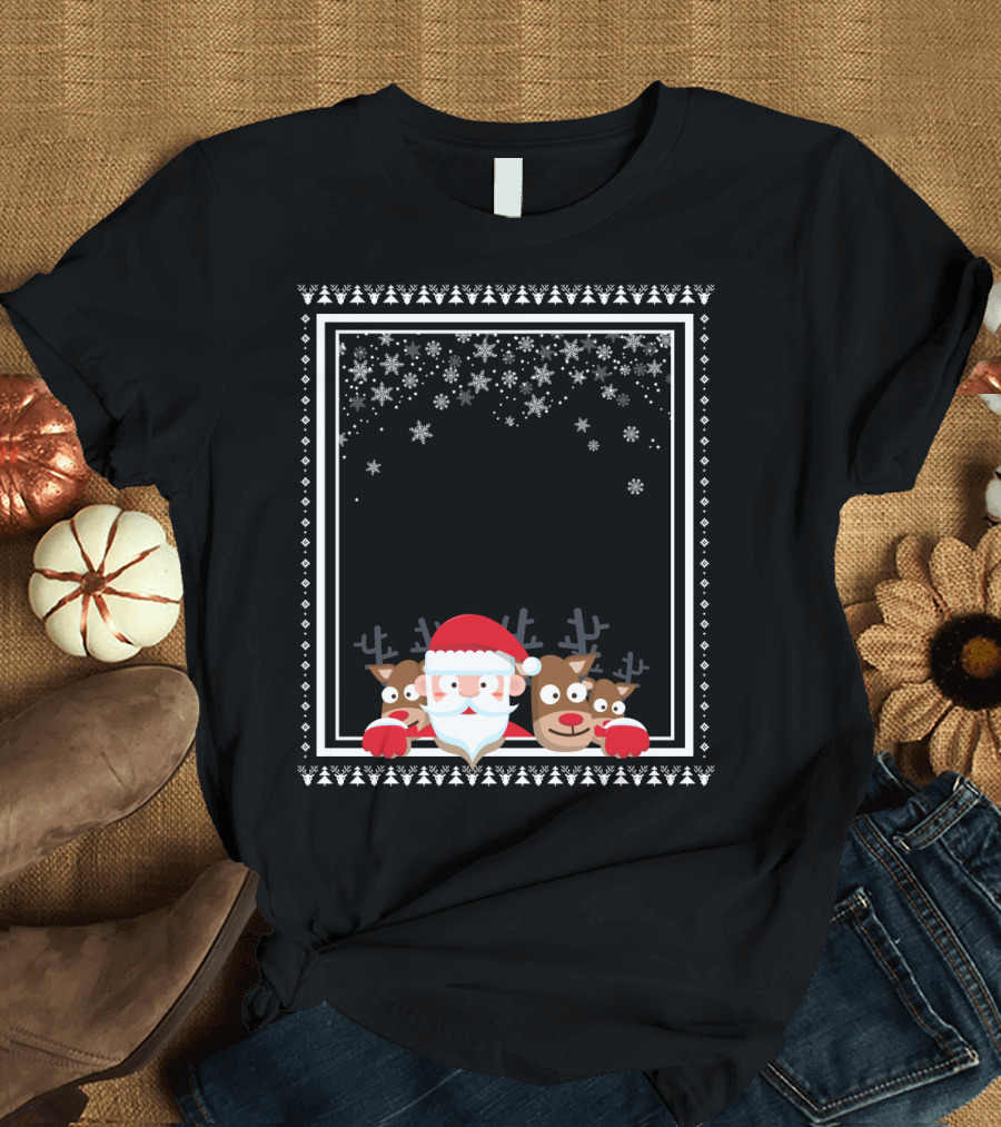 Santa with Reindeer and Snowflakes Chirstmas Frame T-Shirt