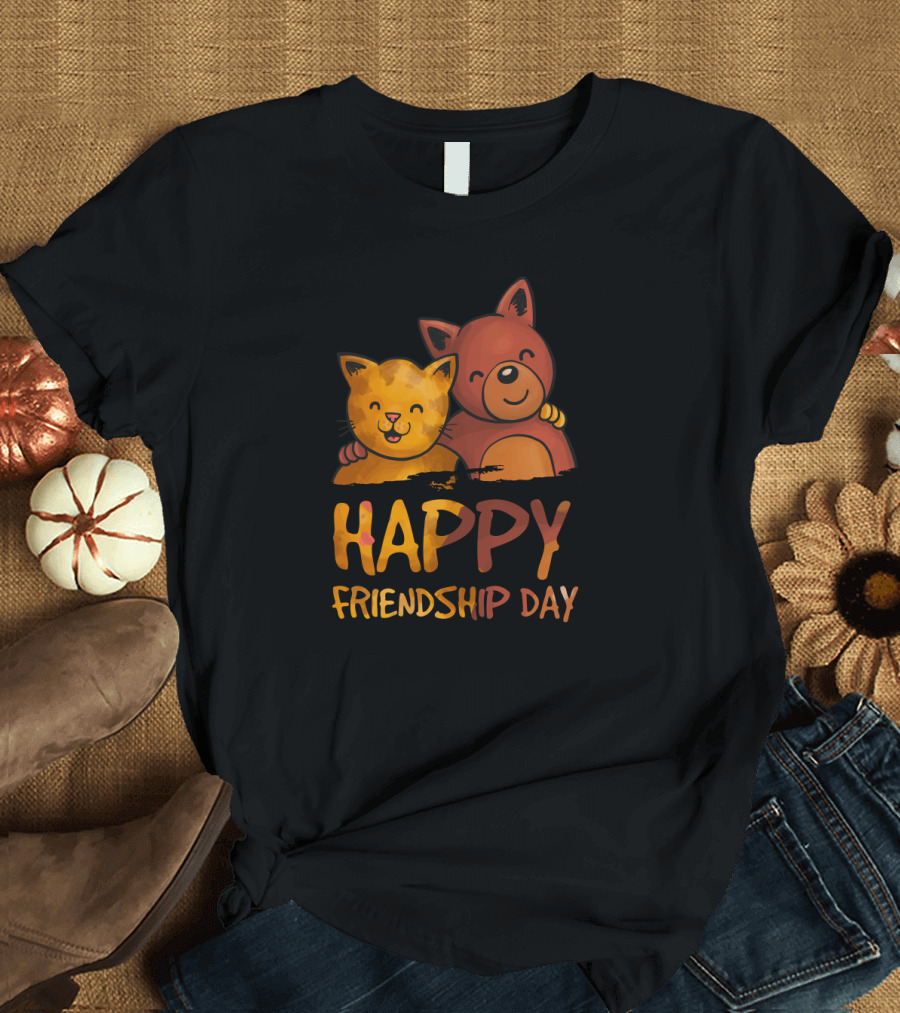 HAPPY FRIENDSHIP DAY Happy Cat and Bear Hugging T-Shirt