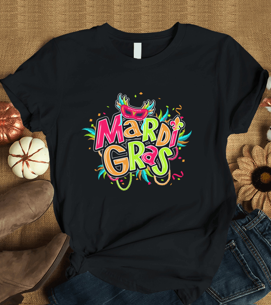 Mardi Gras Carnival New Orleans Mask and Beads T-Shirt