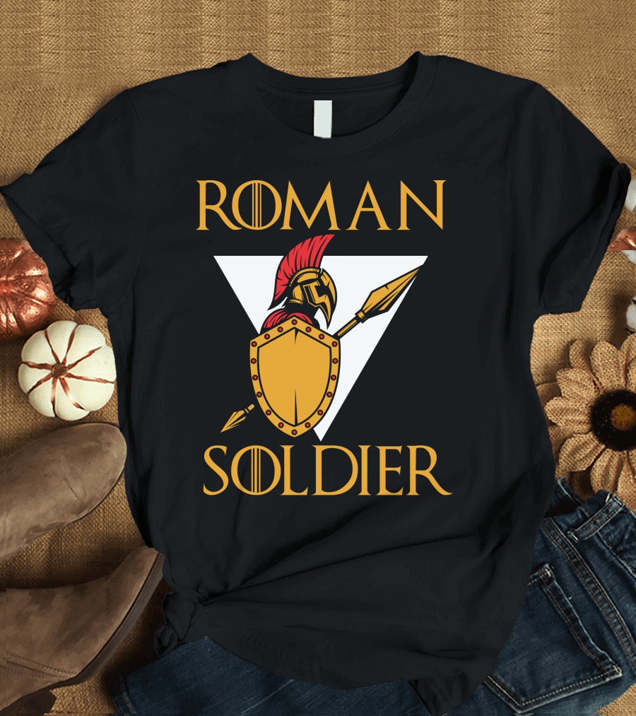 Roman Soldier Helmet Shield Spear Triangular Emblem T-Shirt