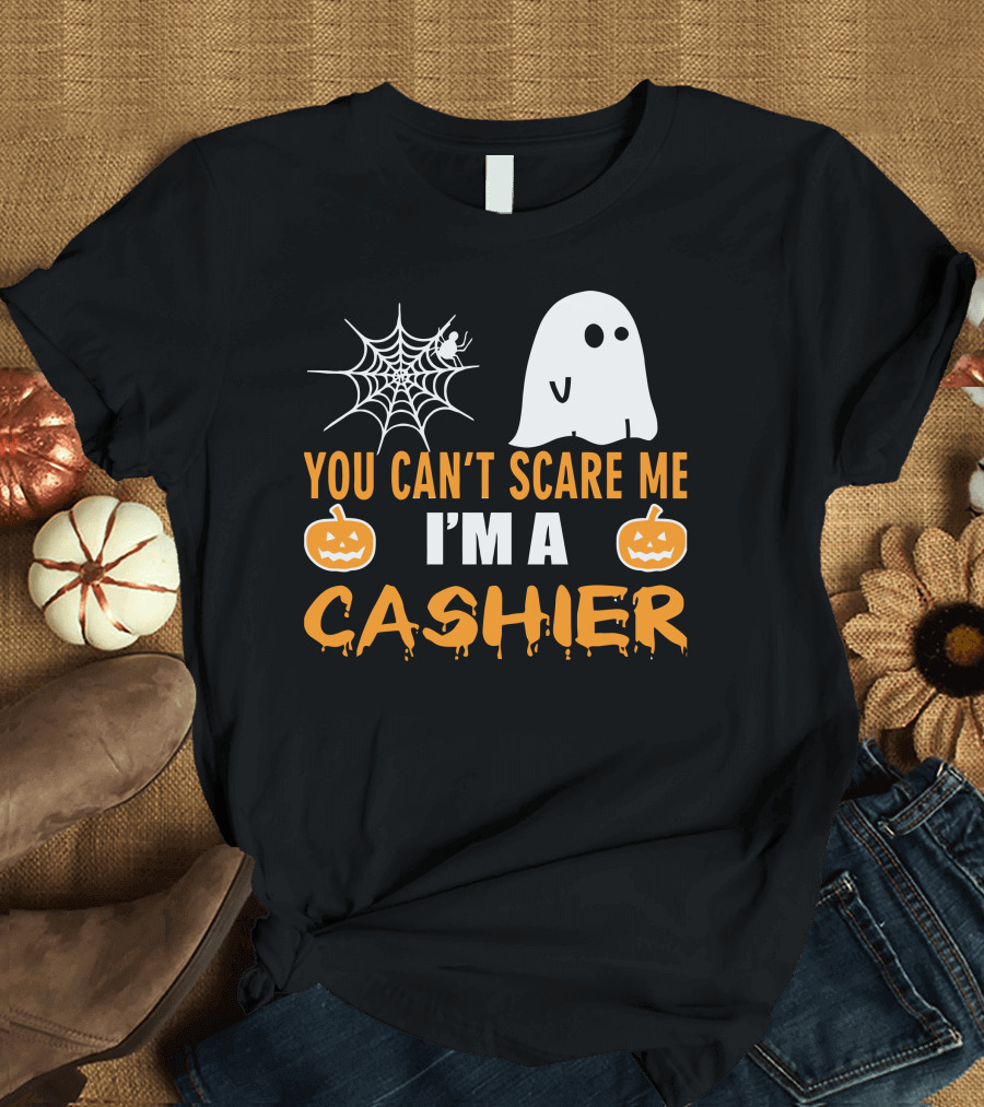 You Can't Scare Me I'm A Cashier Ghost Pumpkin Web T-Shirt