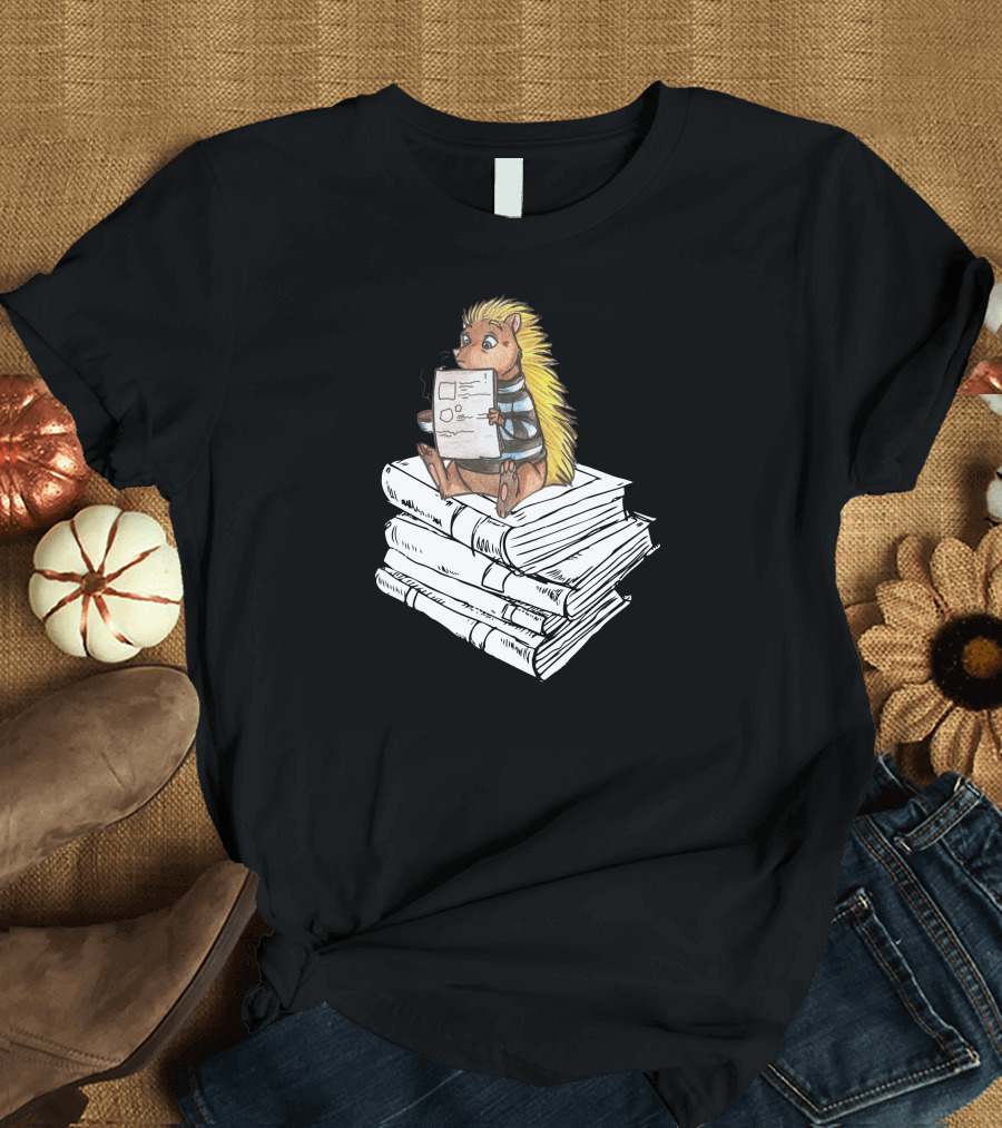 Adorable Hedgehog Book Nerd Sitting on Stack of Books T-Shirt