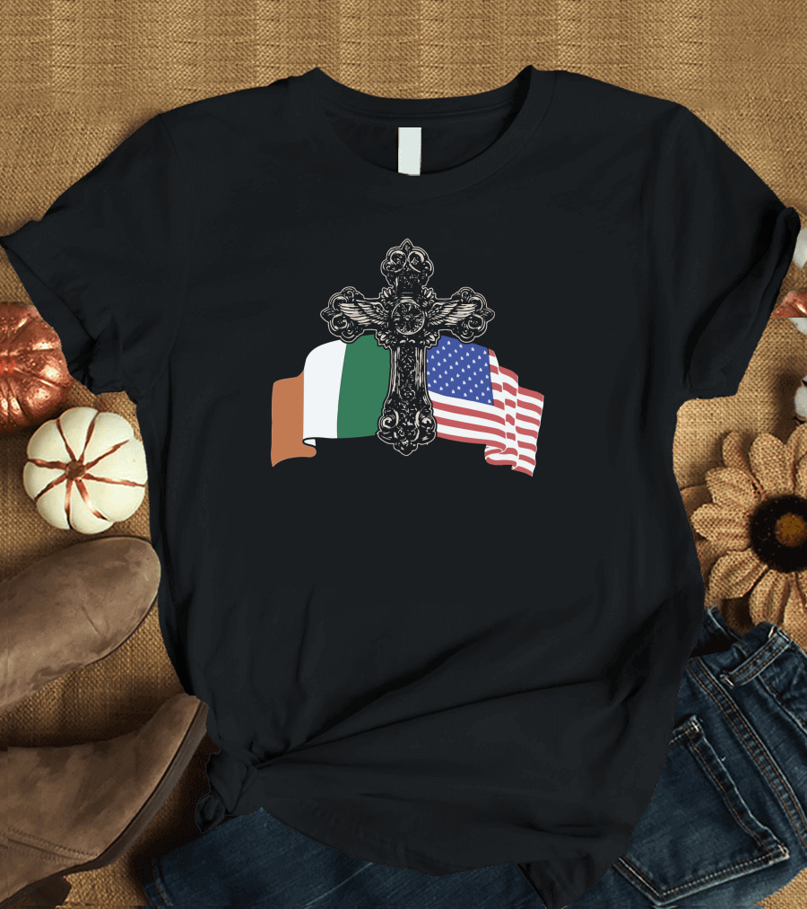 Irish American Flag Cross with Irish Flag and USA Flag T-Shirt