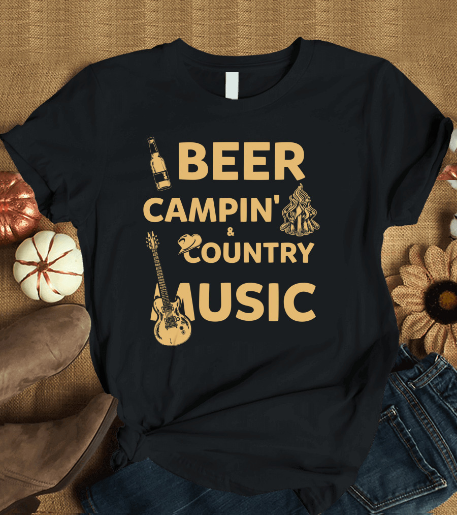 Beer Campin' and Country Music with Guitar Campfire and Bottle T-Shirt