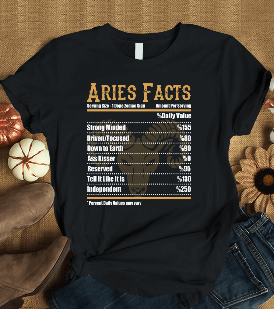 Aries Facts Strong Minded Driven Focused Down to Earth Independent Percent Daily Values May Vary T-Shirt