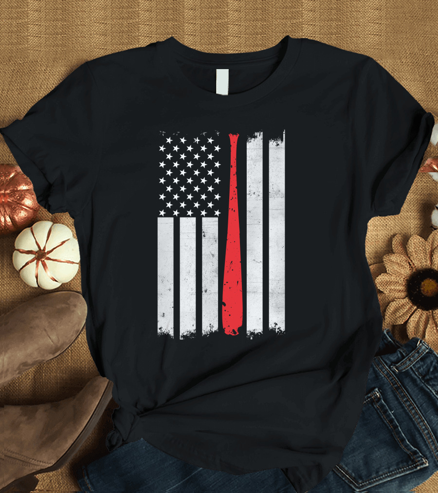 American Flag Baseball Bat USA Support T-Shirt