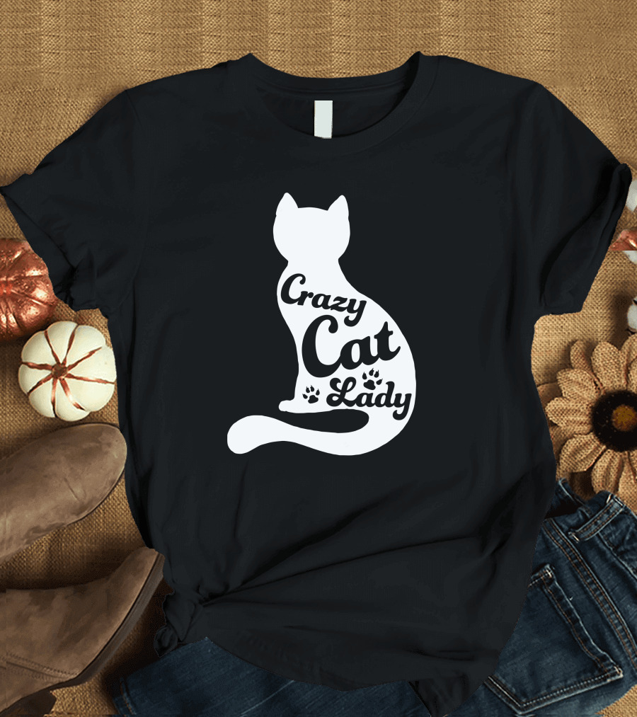 Crazy Cat Lady with Cat Silhouette and Paw Prints T-Shirt